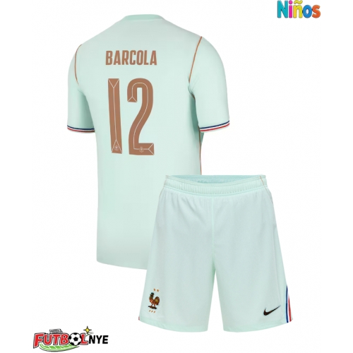 Camiseta Francia Bradley Barcola #12 Visitante Equipación para niños Mundial 2026 manga corta (+ pantalones cortos)